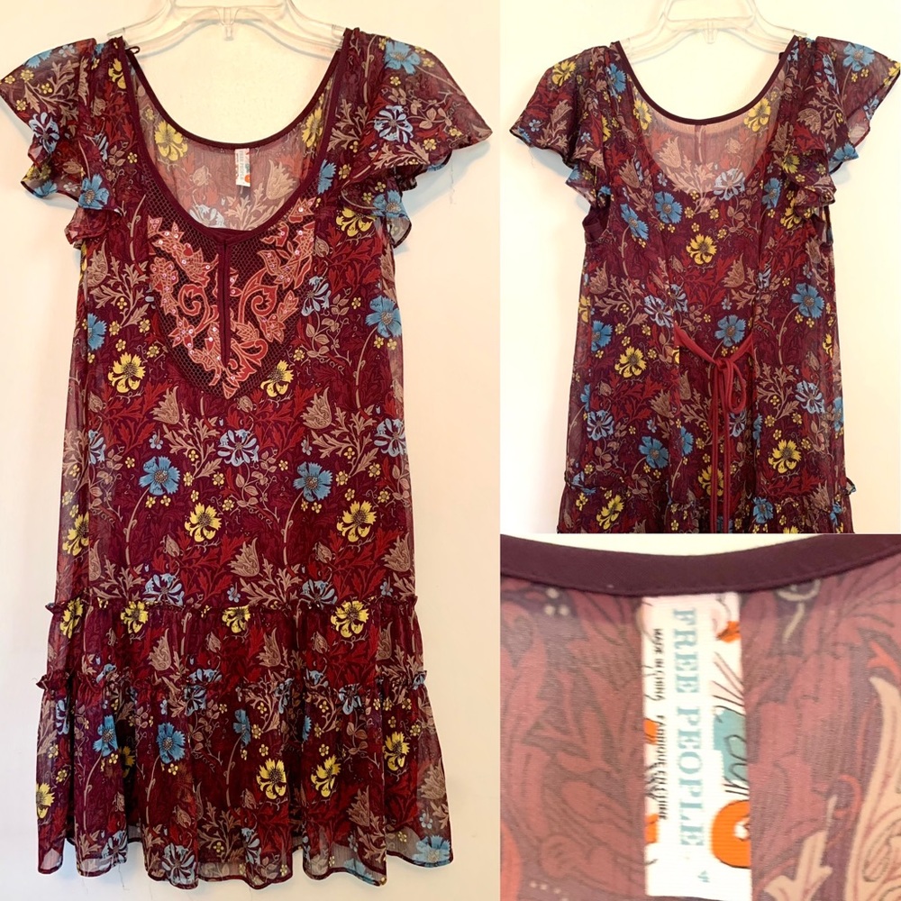 Free People Sheer Tunic Dress Floral 4 Small Flutter sleeve Festival Feminine